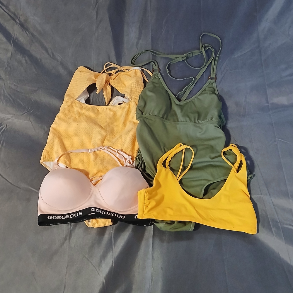 4 Piece Women's Bikini & Bra Set - Yellow, Green, Pink